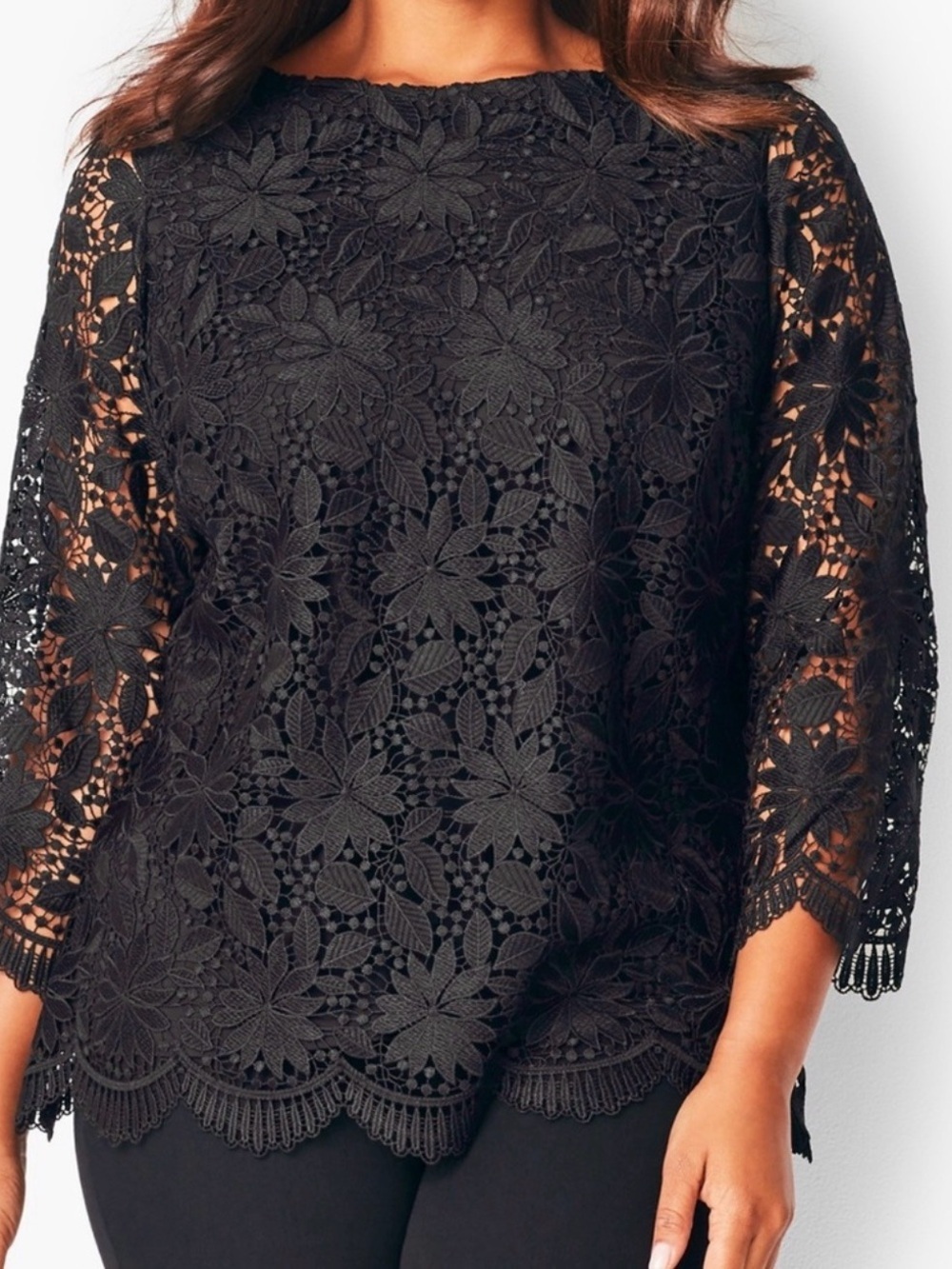 RSVP by Talbots Black Floral Lace Crochet Blouse, 3/4 Sleeve.  Size Medium.